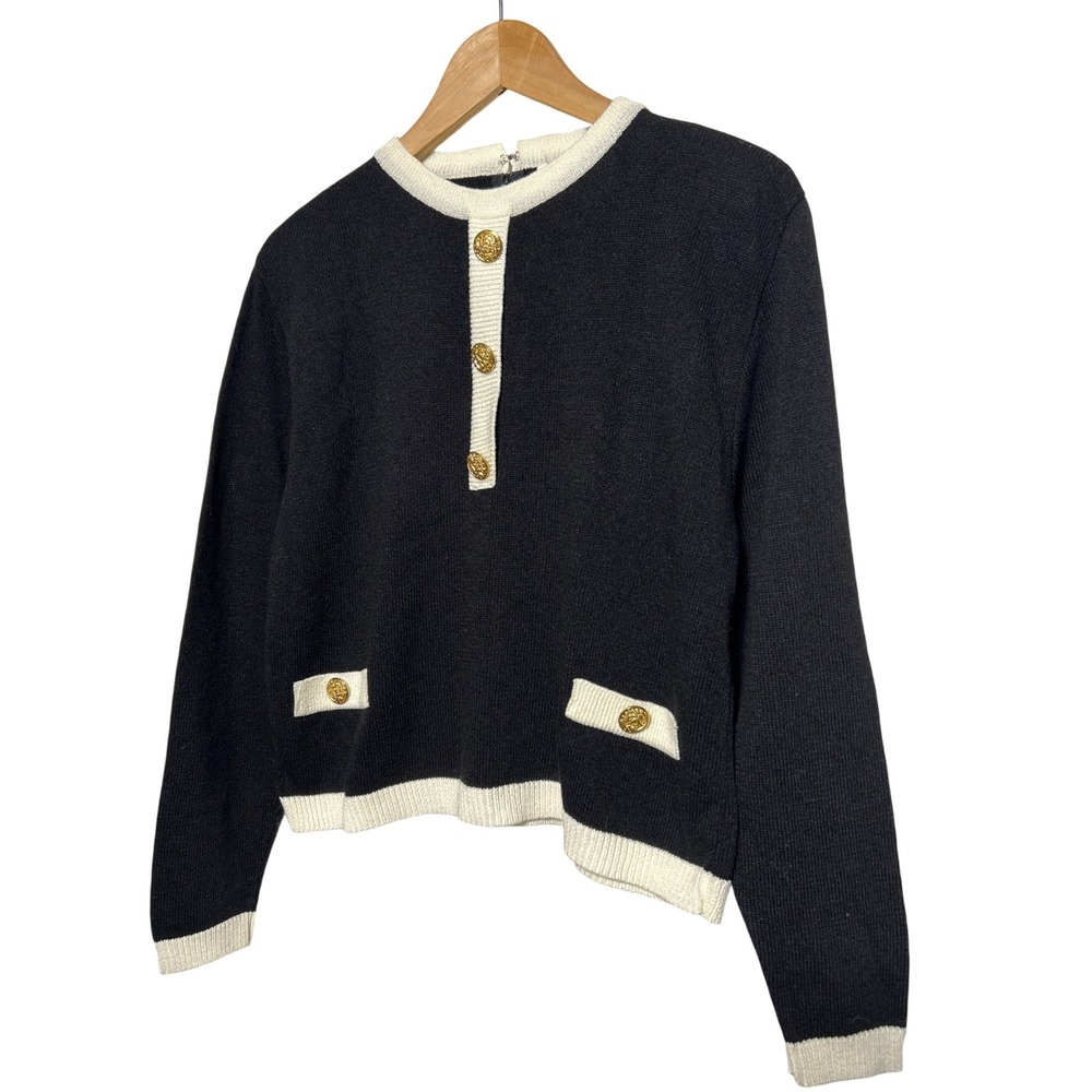 Laura Petites VTG Black Cream Trimmed Knit Sweater Gold Button 21" W x 22" L EUC